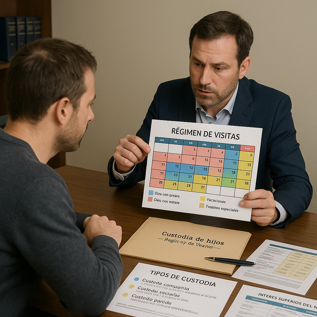 Abogado especialista en custodia explicando régimen de visitas con calendario de código de colores priorizando interés superior del menor