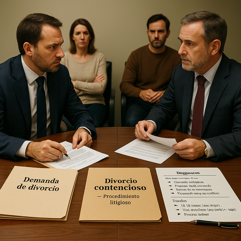 Dos abogados en lados opuestos representando a cónyuges en divorcio contencioso sin acuerdo, procedimiento litigioso ante juzgado de familia