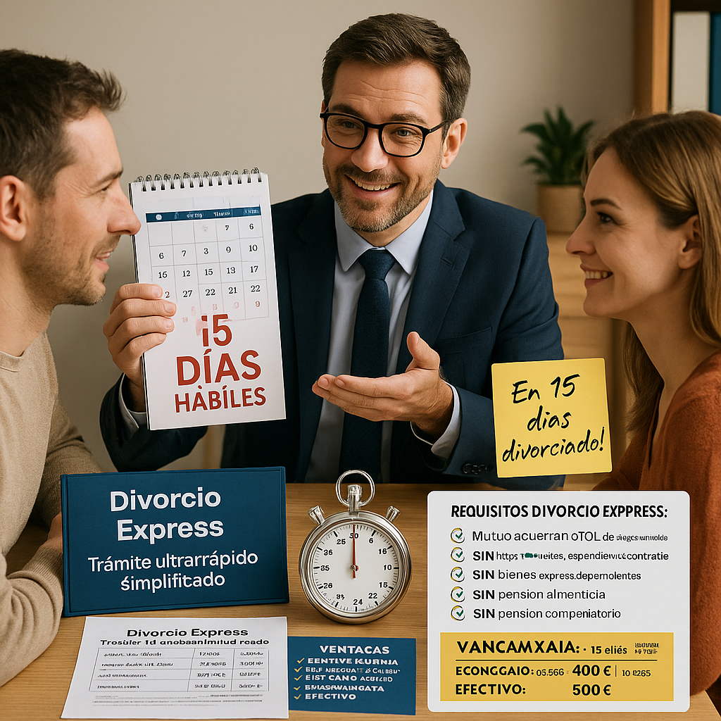 Abogado tramitando divorcio express ultrarrápido en 15 días, proceso simplificado sin hijos ni bienes para parejas de mutuo acuerdo