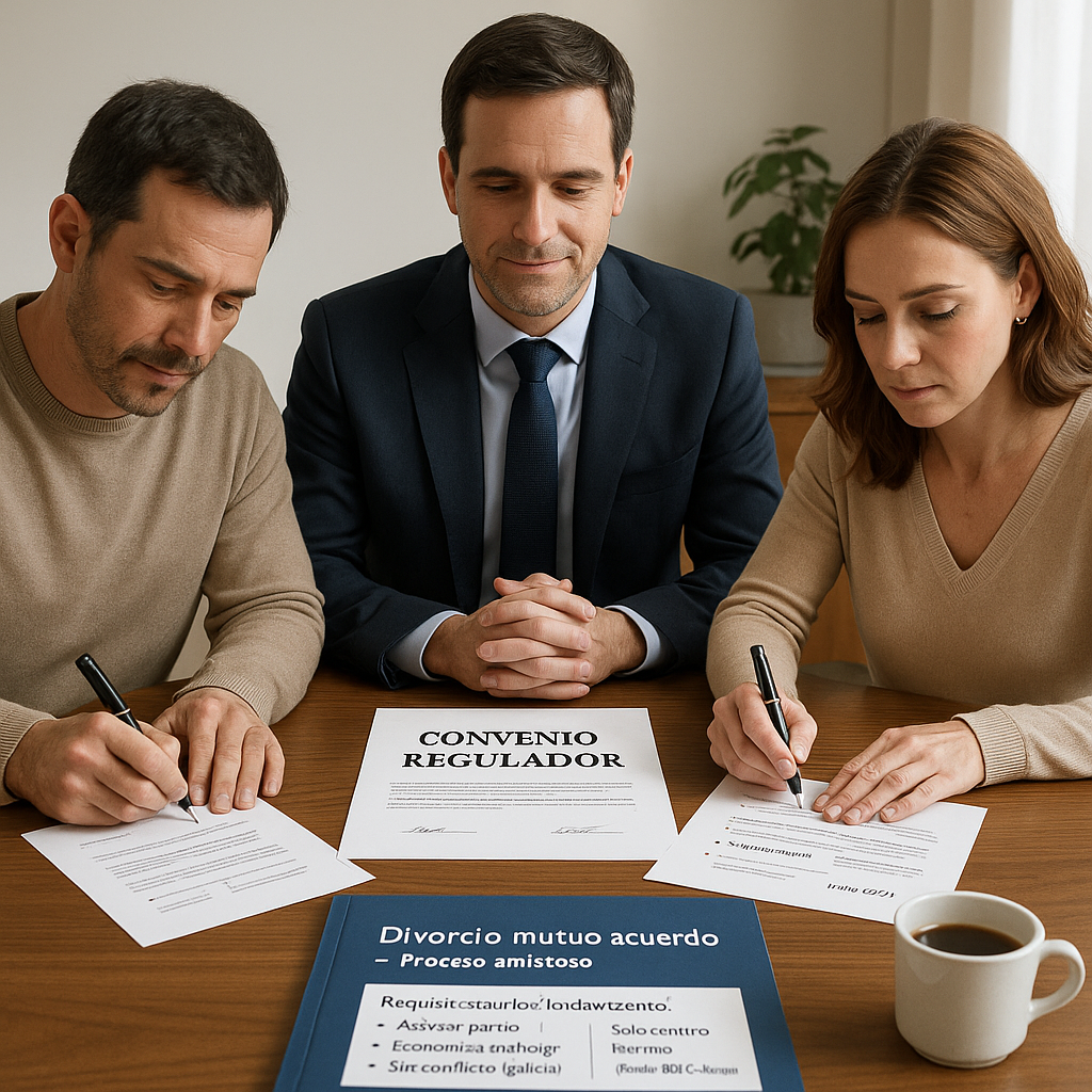 Abogado asesorando pareja en divorcio de mutuo acuerdo, ambos cónyuges firmando convenio regulador conjuntamente de forma civilizada y amistosa