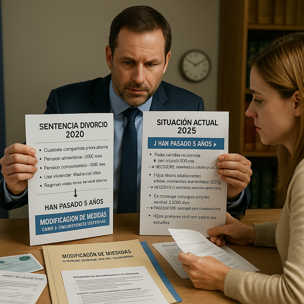 Abogado tramitando modificación de medidas de divorcio por cambio sustancial de circunstancias, comparativa sentencia antigua con situación actual
