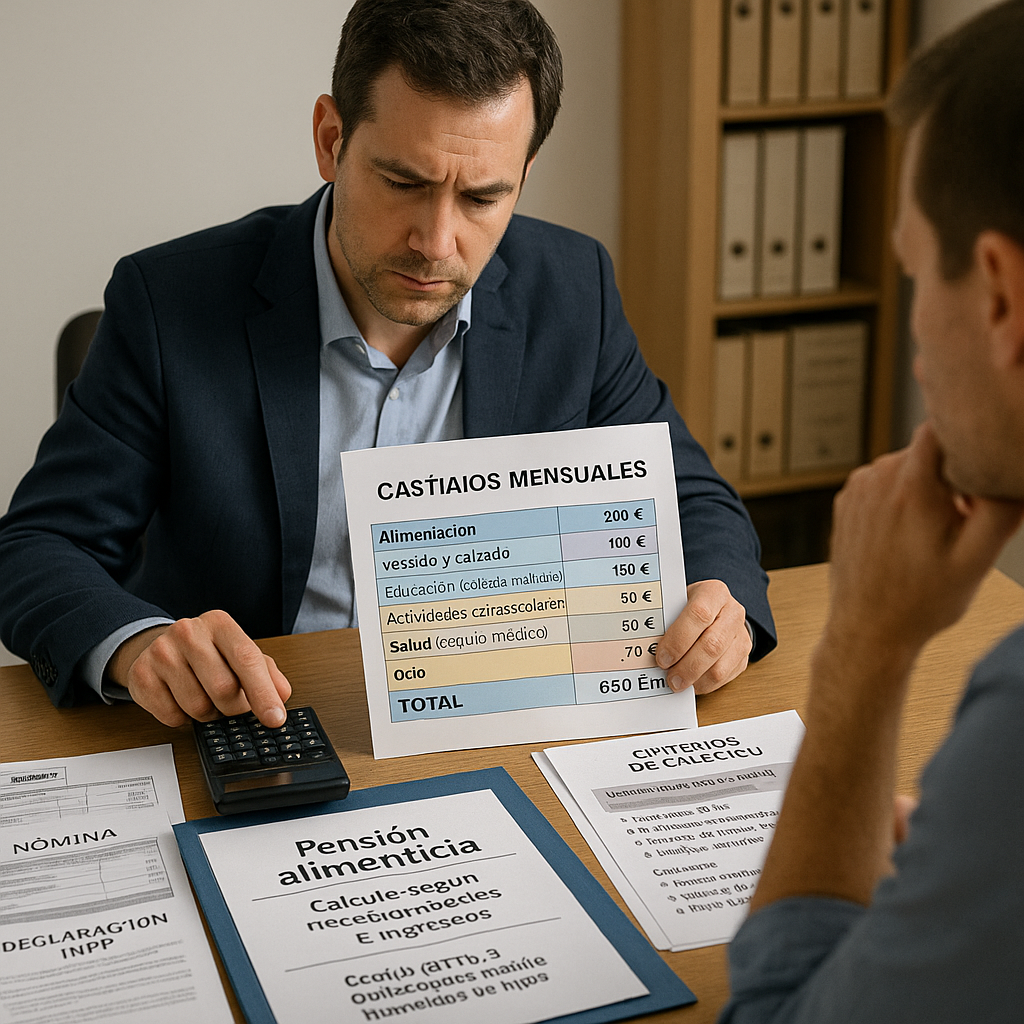 Abogado calculando pensión alimenticia para hijos en divorcio según tabla de gastos mensuales, necesidades reales e ingresos de progenitores