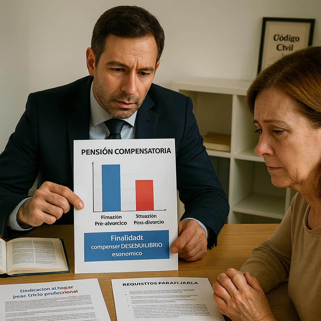 Abogado calculando pensión compensatoria por desequilibrio económico en divorcio, gráfico comparativo de situación económica antes y después